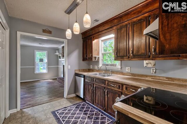 kitchen featuring stainless steel dishwasher, sink, plenty of natural light, and wall chimney exhaust hood