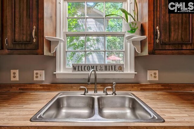 kitchen with hardwood / wood-style floors, a wealth of natural light, sink, and dark brown cabinetry