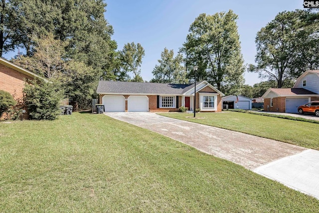 ranch-style home with a garage and a front lawn