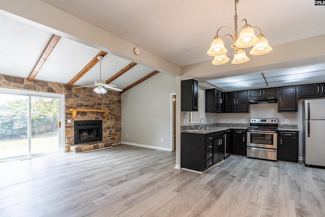 kitchen featuring light hardwood / wood-style floors, vaulted ceiling with beams, electric stove, and white refrigerator