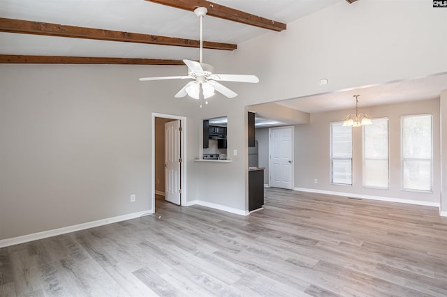 unfurnished living room with light hardwood / wood-style flooring, ceiling fan with notable chandelier, and lofted ceiling with beams