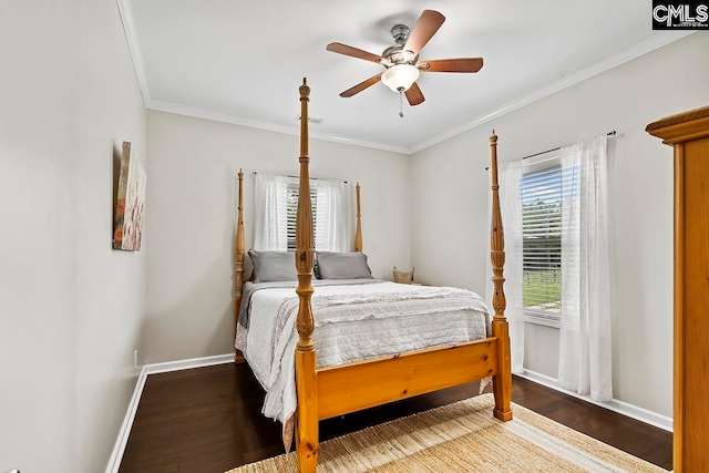 bedroom featuring ceiling fan, ornamental molding, and wood-type flooring