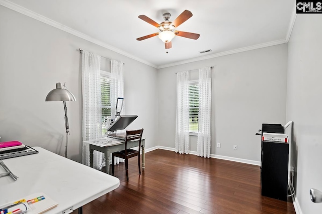 office featuring ceiling fan, crown molding, and dark wood-type flooring