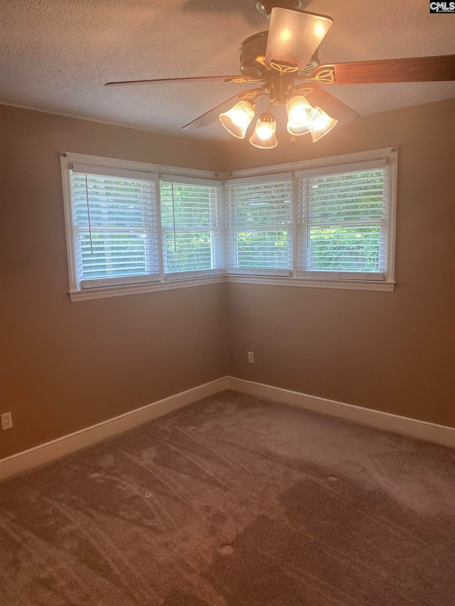 unfurnished room featuring a textured ceiling, a wealth of natural light, ceiling fan, and carpet flooring