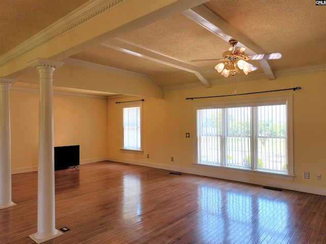 unfurnished living room with a textured ceiling, ceiling fan, visible vents, and decorative columns