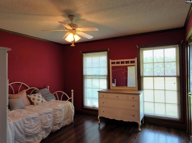 bedroom featuring a textured ceiling, dark wood finished floors, and multiple windows