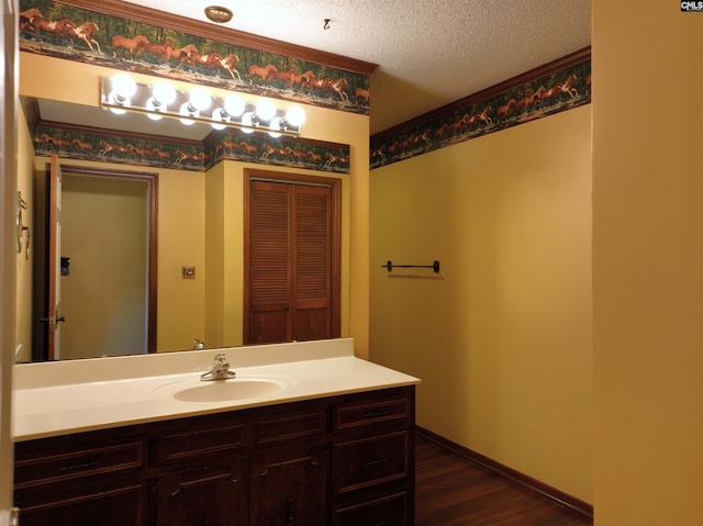 bathroom featuring baseboards, wood finished floors, a textured ceiling, and vanity
