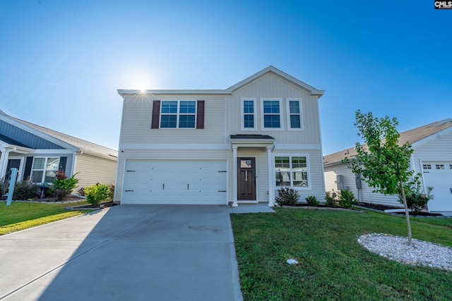 front facade featuring a garage and a front yard