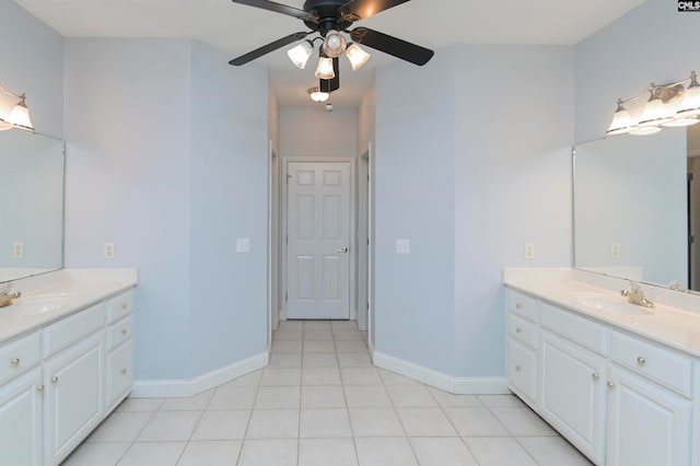 bathroom featuring vanity, ceiling fan, and tile patterned flooring