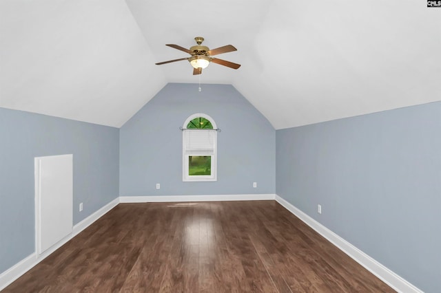 bonus room featuring dark wood-type flooring, ceiling fan, and lofted ceiling