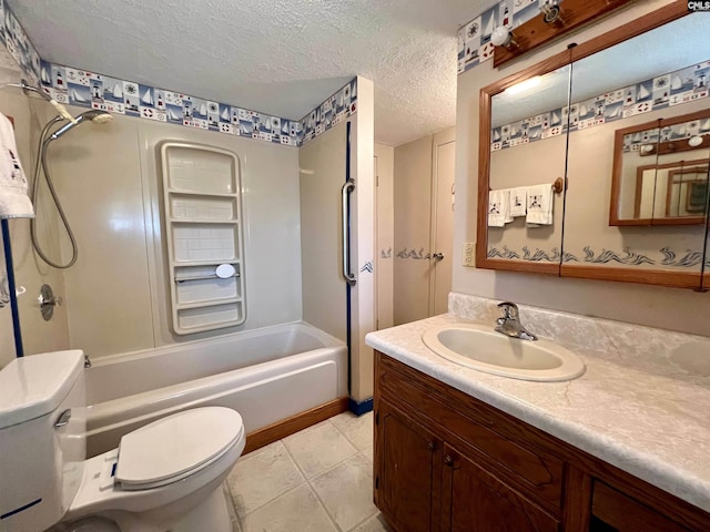 bathroom with a textured ceiling, tile patterned flooring, toilet, vanity, and shower / bathing tub combination