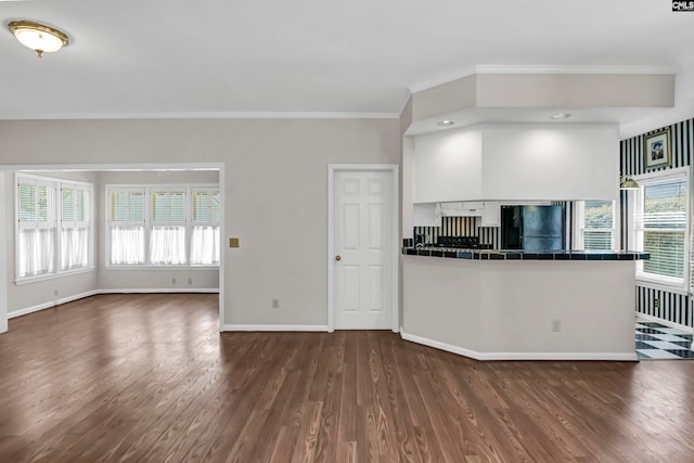 kitchen with a wealth of natural light, black fridge, dark hardwood / wood-style floors, and tile countertops