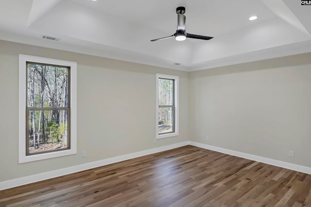 spare room featuring wood-type flooring, a tray ceiling, ceiling fan, and a healthy amount of sunlight