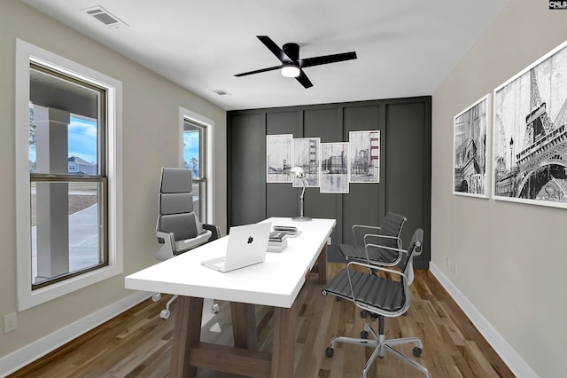 office featuring ceiling fan and hardwood / wood-style flooring