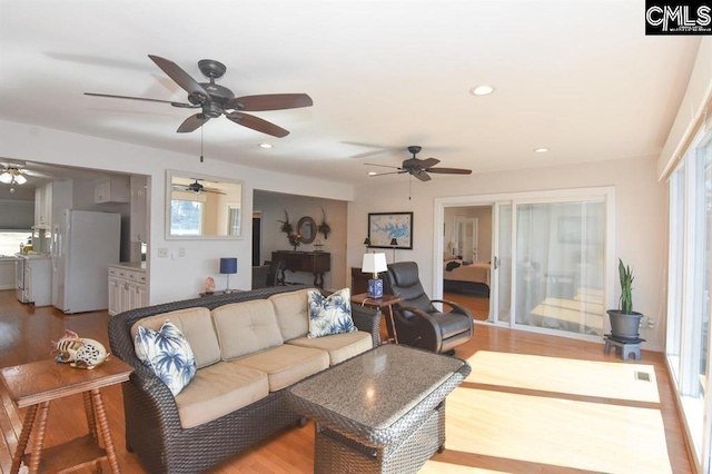 living room with hardwood / wood-style floors and ceiling fan