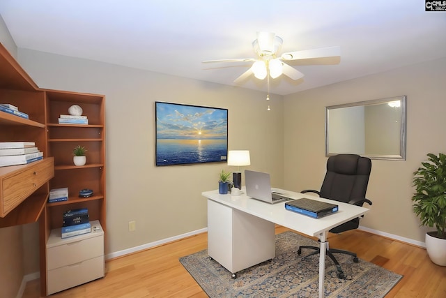 office area with ceiling fan and light hardwood / wood-style floors