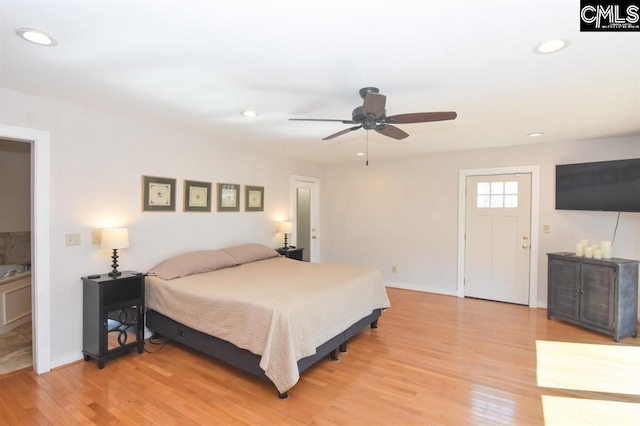 bedroom featuring ceiling fan and light wood-type flooring