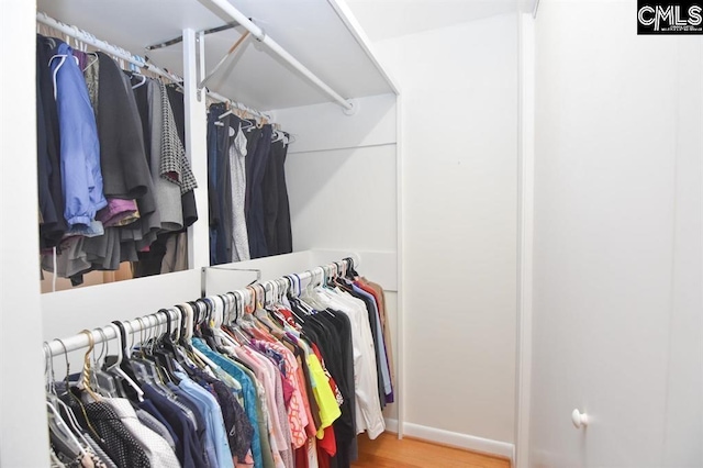 walk in closet with light hardwood / wood-style flooring