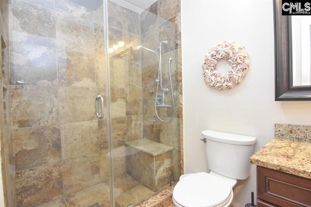 bathroom with vanity, toilet, and an enclosed shower