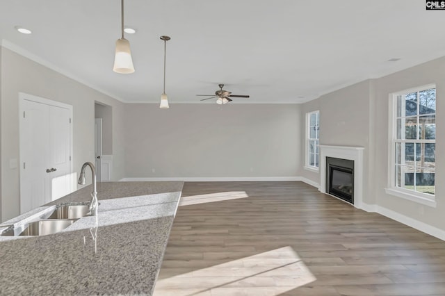 living room featuring ceiling fan, light hardwood / wood-style floors, crown molding, and sink