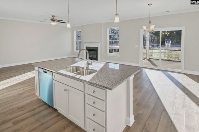 kitchen with stainless steel dishwasher, sink, hardwood / wood-style floors, and white cabinetry