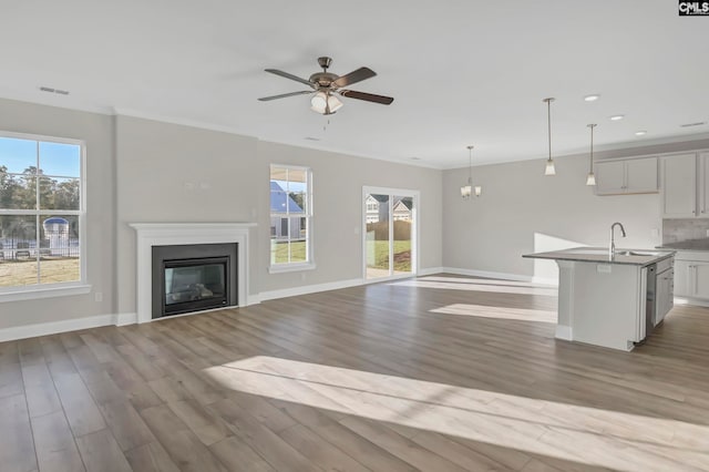 unfurnished living room featuring ceiling fan, sink, and light wood-type flooring