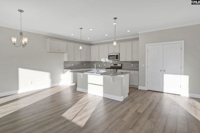 kitchen featuring light wood-type flooring, tasteful backsplash, an island with sink, sink, and appliances with stainless steel finishes