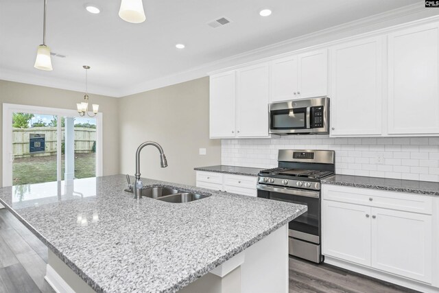 kitchen featuring wood-type flooring, stainless steel appliances, a center island with sink, and sink