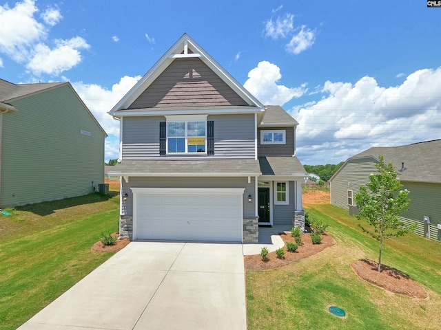craftsman-style house with a front lawn, stone siding, an attached garage, driveway, and cooling unit