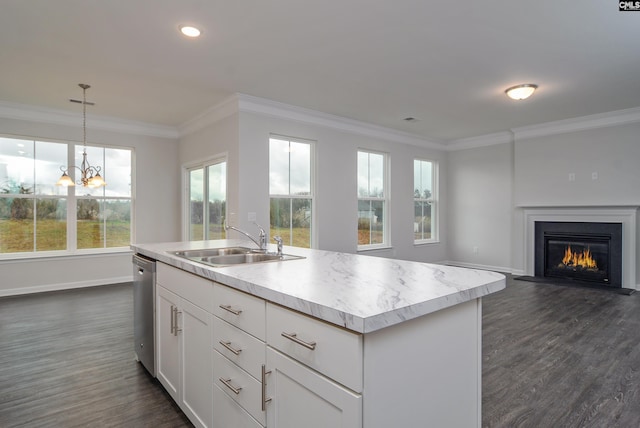 kitchen with stainless steel dishwasher, plenty of natural light, dark hardwood / wood-style floors, and white cabinetry