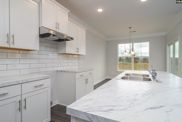 kitchen featuring white cabinetry, plenty of natural light, crown molding, and sink