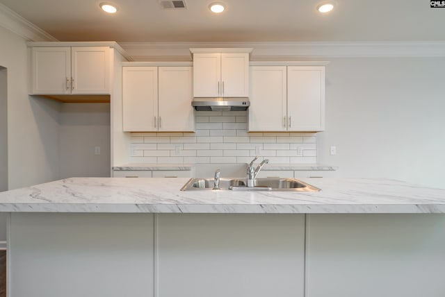 kitchen with white cabinets, crown molding, a center island with sink, and sink