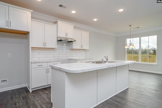 kitchen featuring an island with sink, white cabinetry, dark hardwood / wood-style floors, and sink