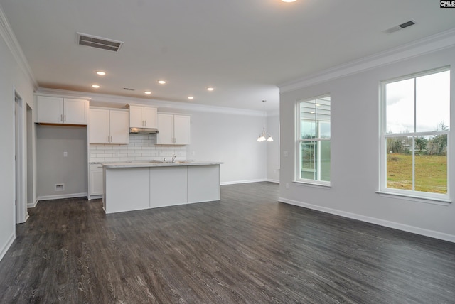 kitchen with dark hardwood / wood-style flooring, a center island with sink, white cabinetry, and ornamental molding