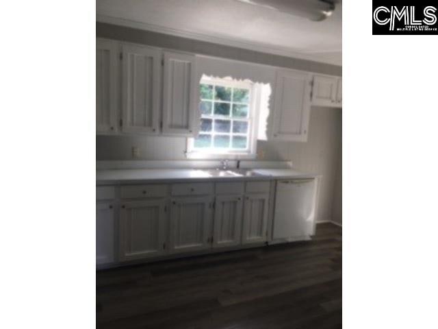 kitchen featuring white dishwasher, dark wood-type flooring, sink, and white cabinetry