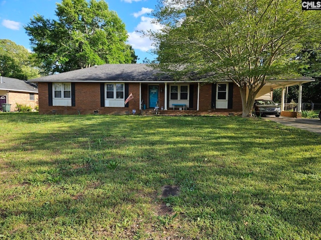 ranch-style home with a porch, a carport, and a front lawn