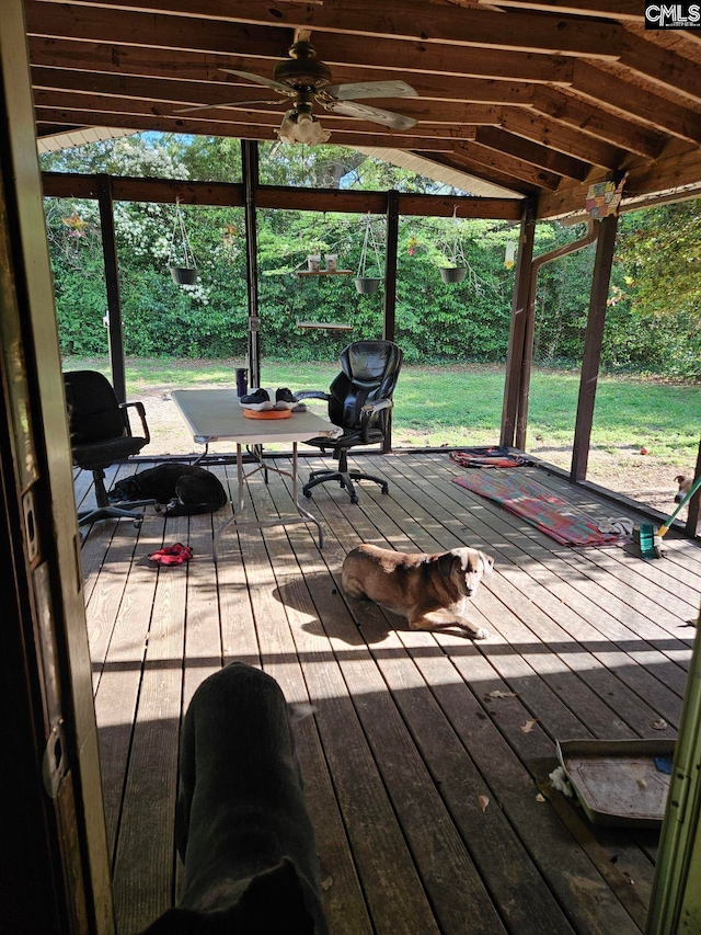 wooden deck with ceiling fan