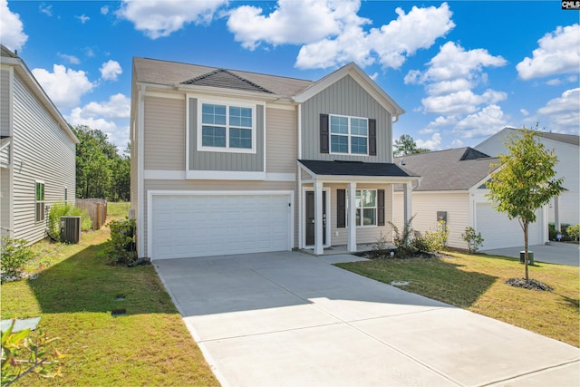 view of front facade with a garage, a front lawn, and cooling unit