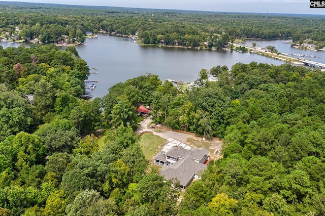 birds eye view of property with a forest view and a water view