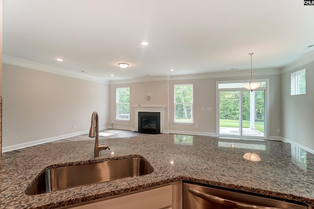 kitchen with stainless steel dishwasher, dark stone counters, and sink