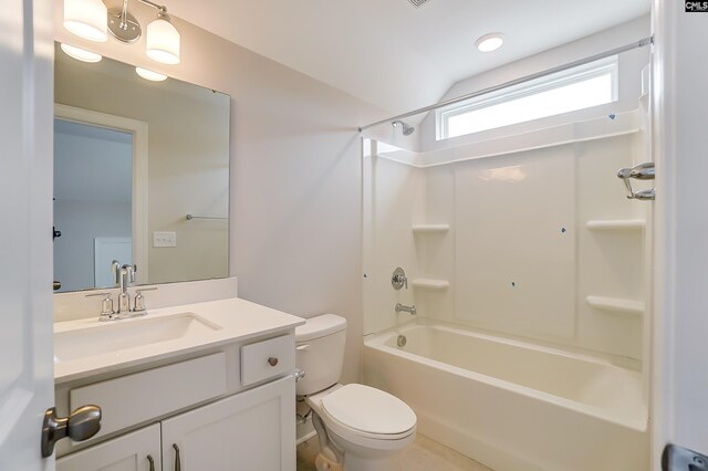 full bathroom with vaulted ceiling, toilet, tub / shower combination, and vanity