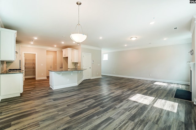 interior space featuring crown molding, dark wood-type flooring, and sink