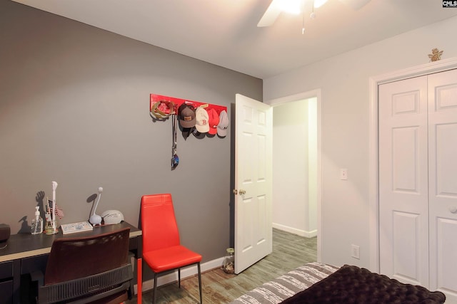 bedroom with wood-type flooring, ceiling fan, and a closet