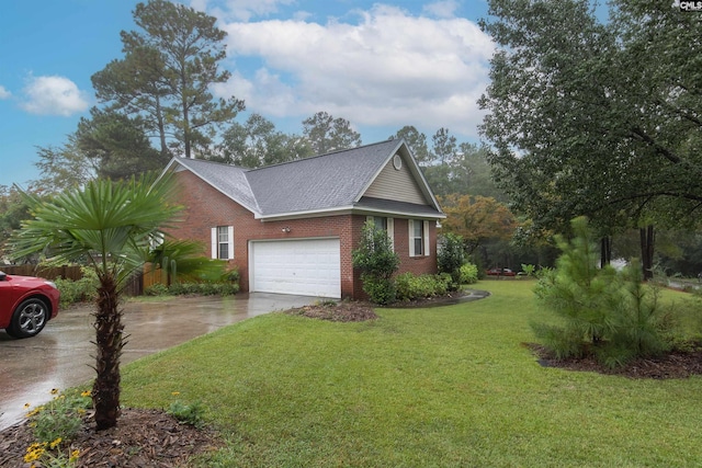 view of property exterior with a lawn and a garage