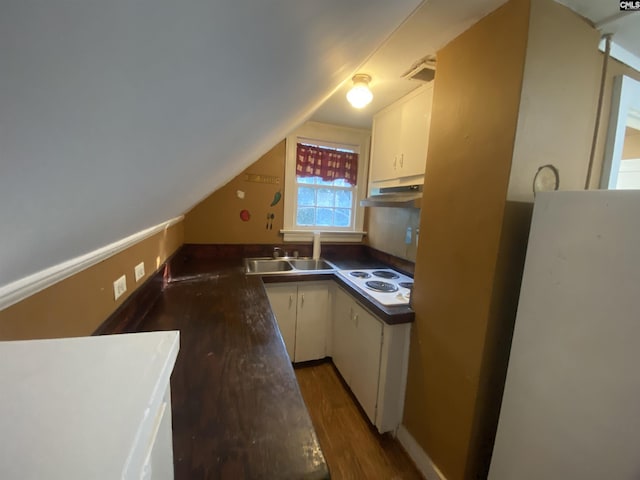 kitchen featuring under cabinet range hood, lofted ceiling, wood finished floors, white appliances, and a sink