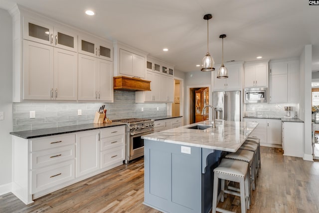 kitchen with a kitchen island with sink, light wood-type flooring, sink, and premium appliances