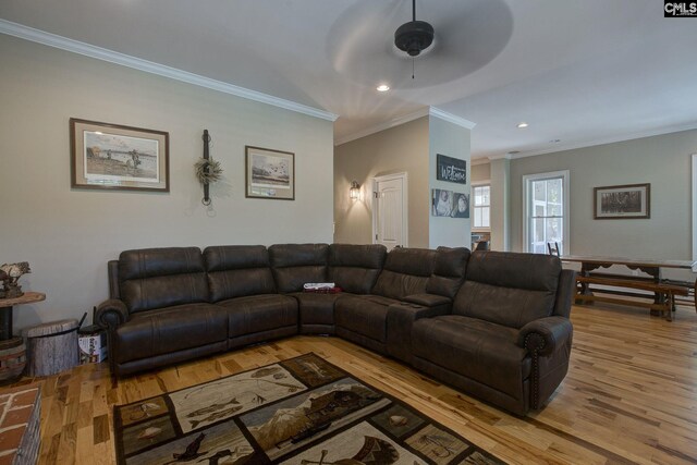 living room featuring light wood-type flooring, ornamental molding, and ceiling fan