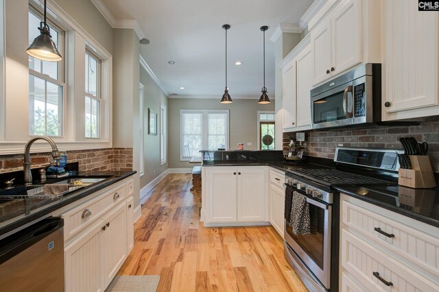 kitchen featuring pendant lighting, stainless steel appliances, sink, and light hardwood / wood-style floors