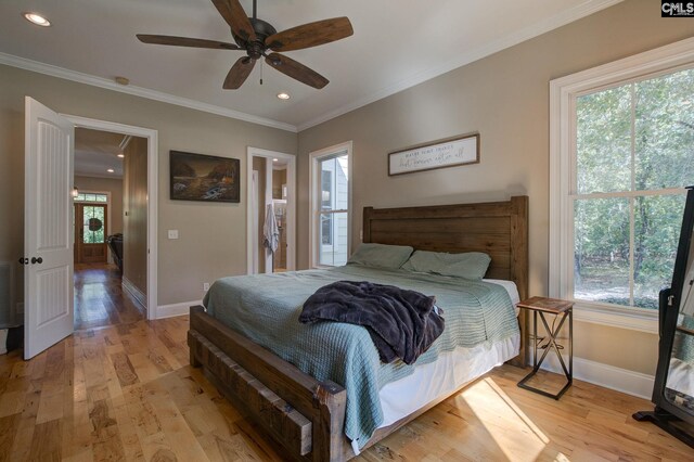 bedroom with crown molding, ceiling fan, and light wood-type flooring