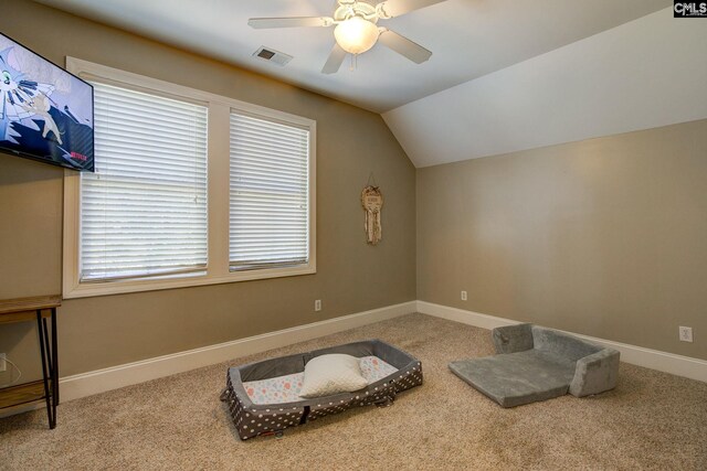 bonus room with lofted ceiling, ceiling fan, and carpet floors